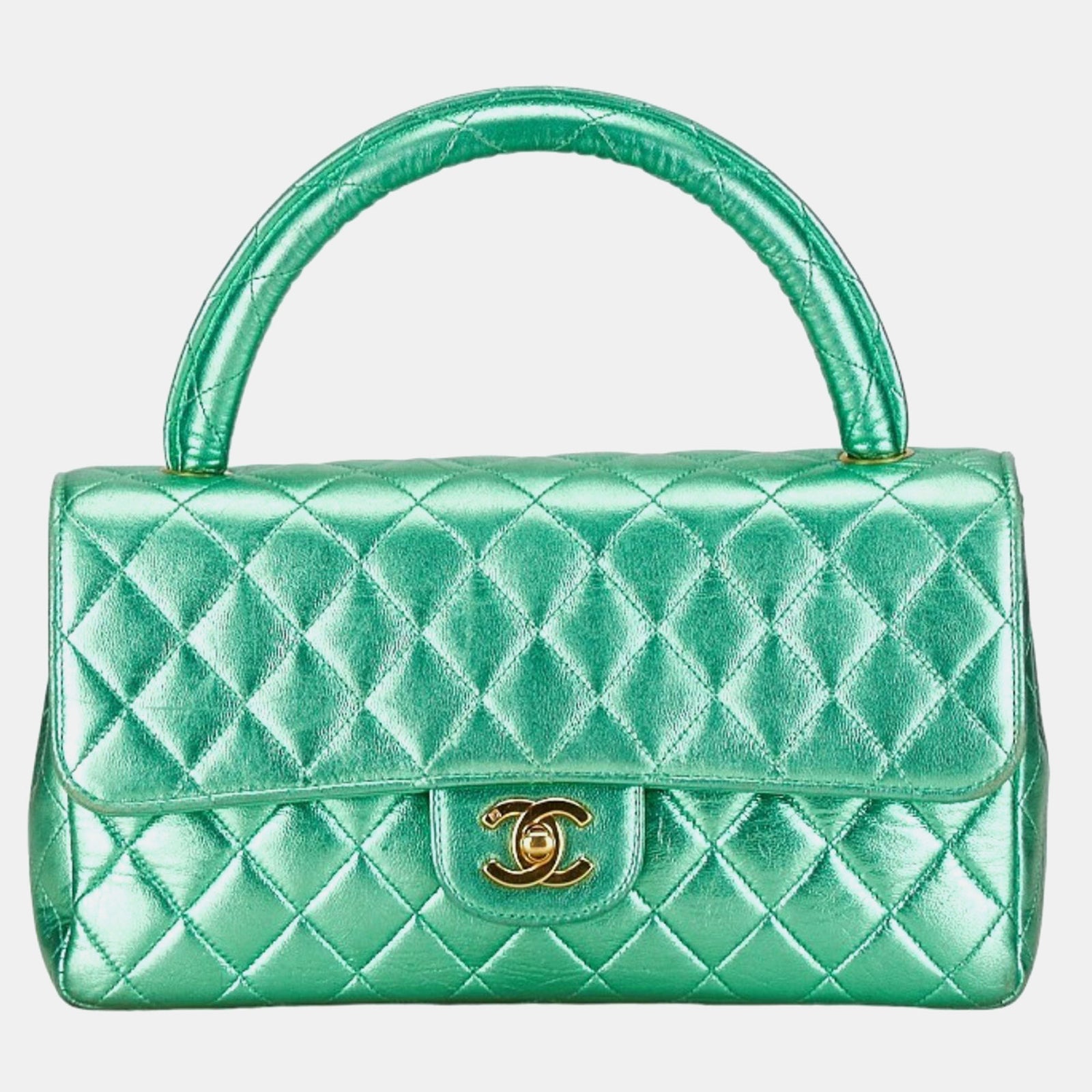 Chanel Sac à main matelassé en cuir d'agneau vert métallisé