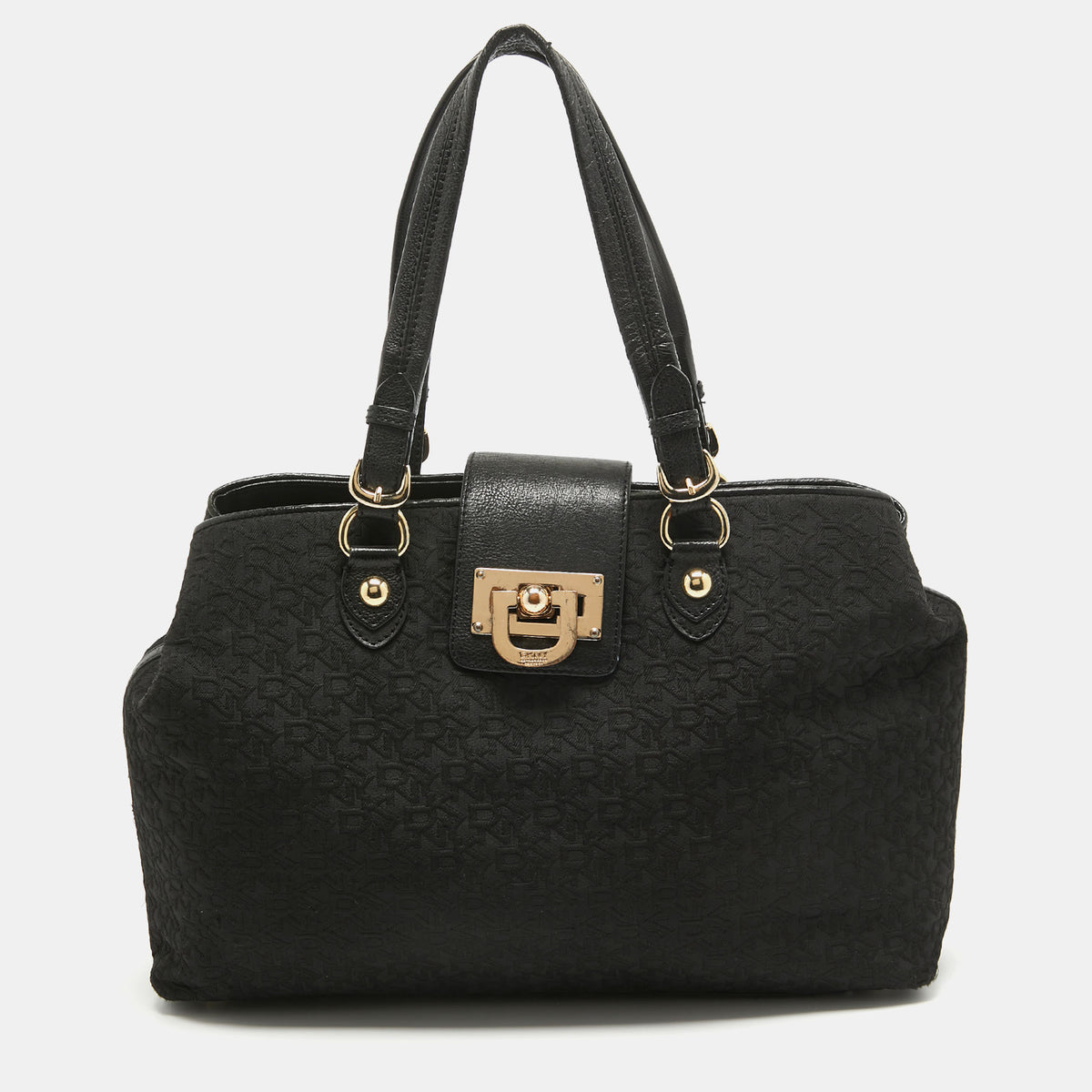 DKNY Black Monogram Canvas and Leather Flap Tote