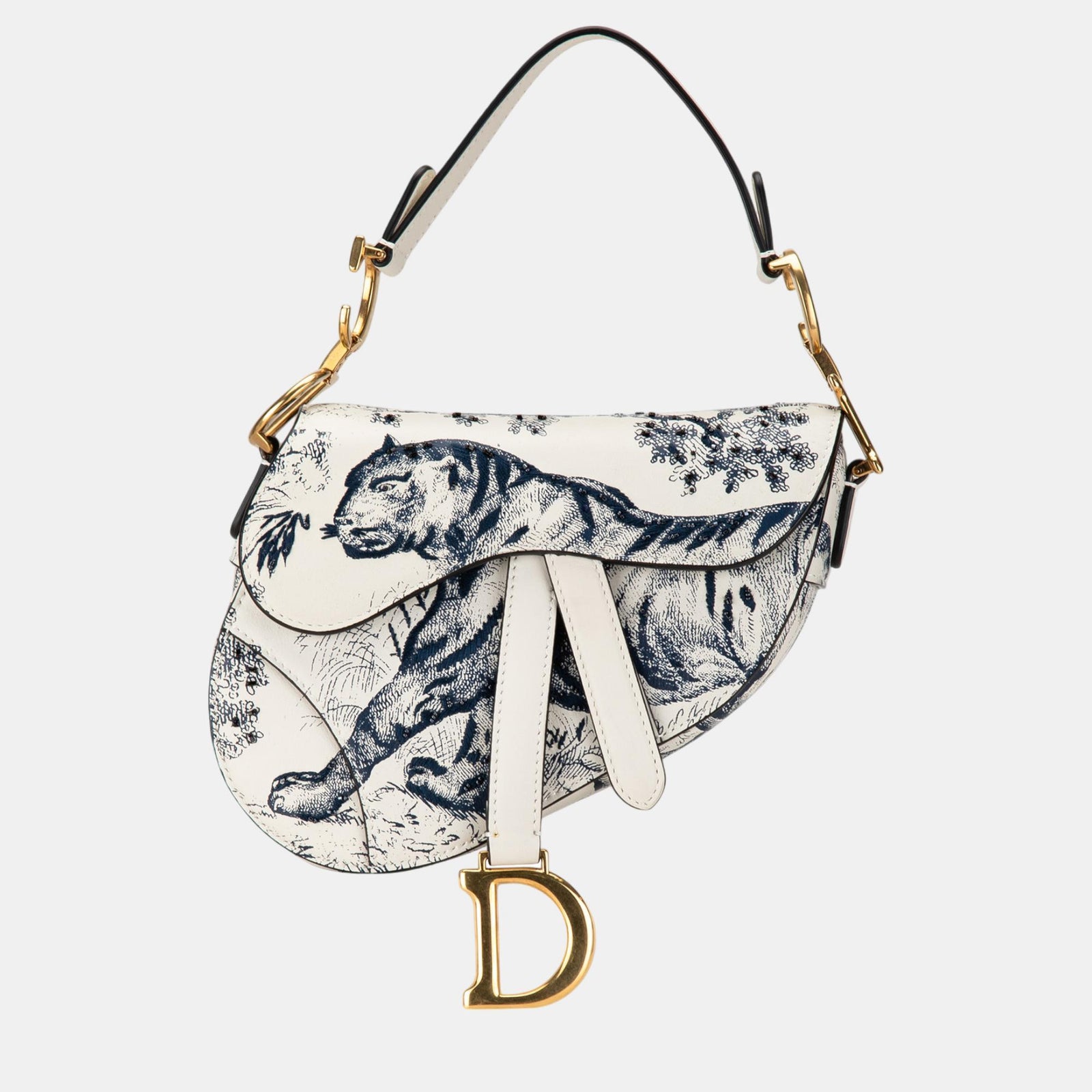 Dior White Calfskin Leather Mini Toile de Jouy Saddle Bag