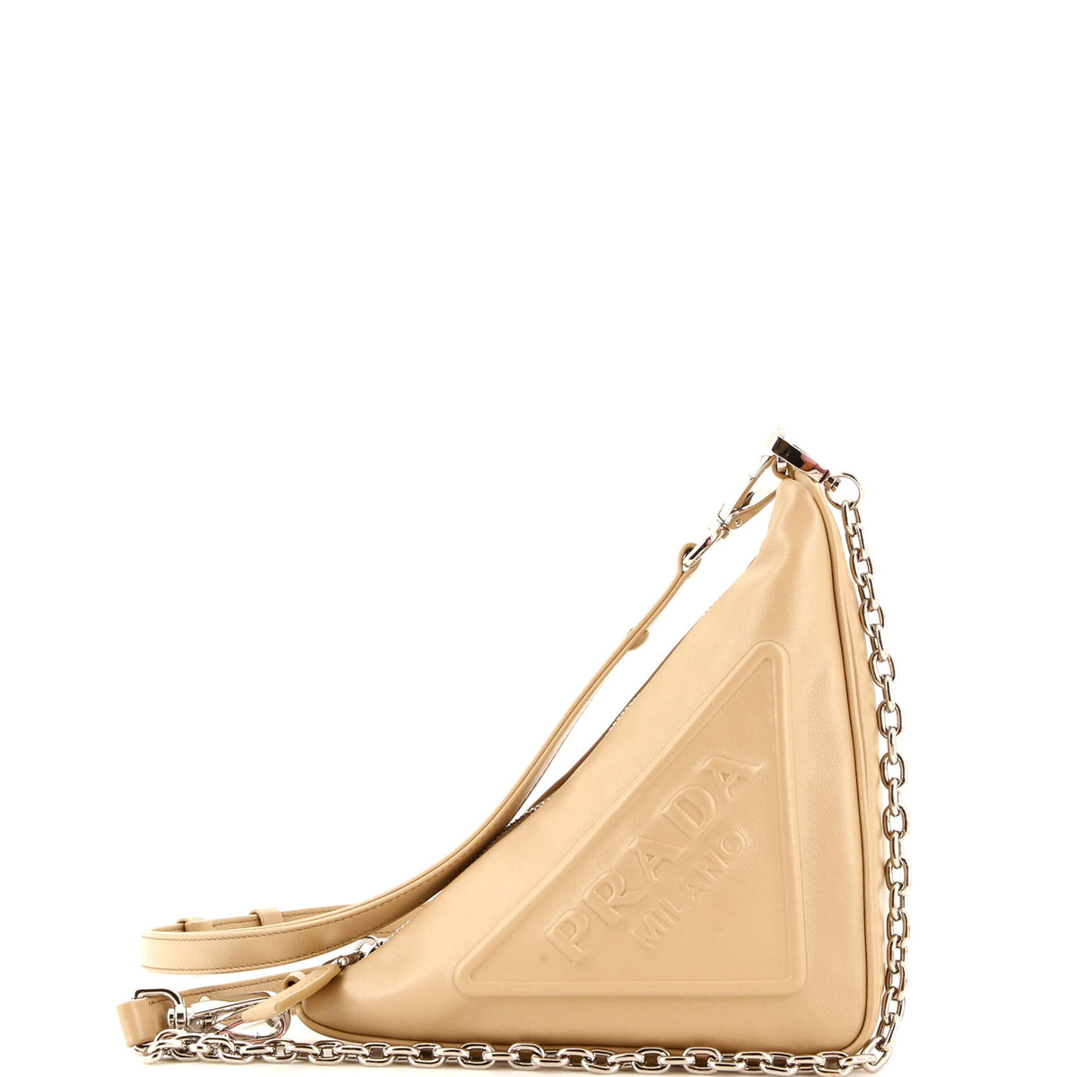 Prada PRADA Triangle Logo Zip Chain Crossbody Bag Embossed Leather Small