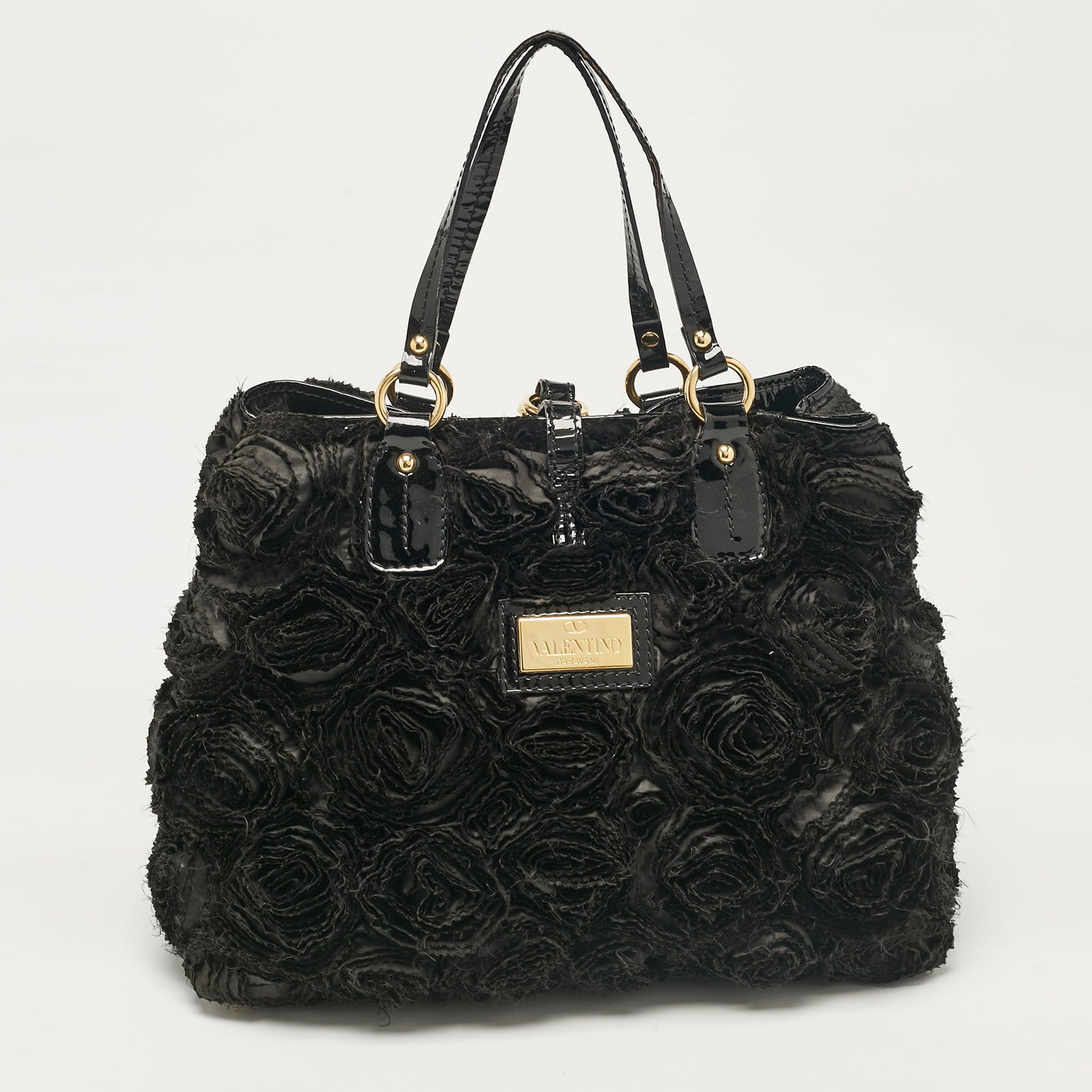 Valentino Black Patent Leather and Satin Rose Applique Tote