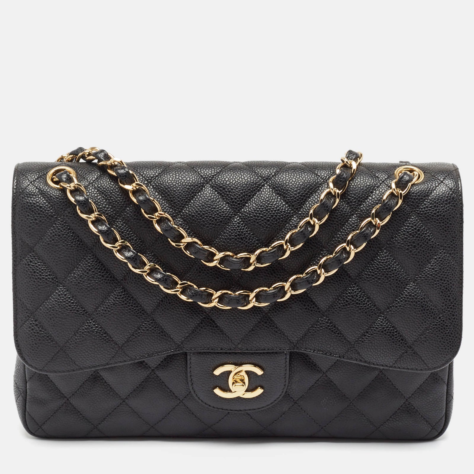 Chanel Schwarze, gesteppte, klassische Jumbo-Tasche mit Doppelklappe aus Kaviarleder