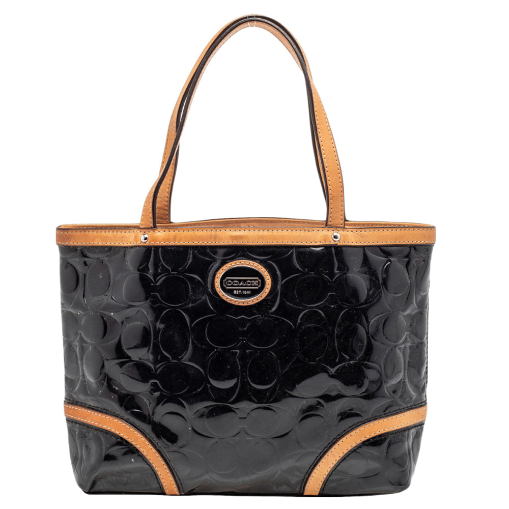 Coach Black/Beige Patent Leather Peyton Tote