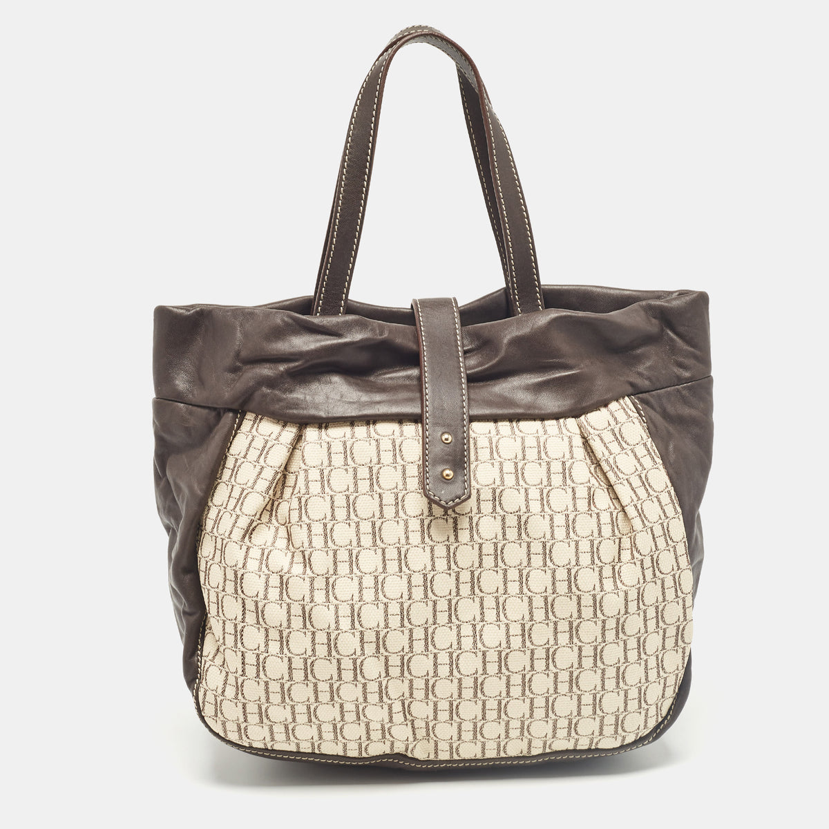 Carolina Herrera Dark Brown/Off White Monogram Canvas and Leather Flap Hobo