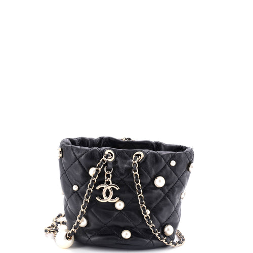 CHANEL Drawstring Round Bucket Bag Pearl Embellished Quilted Lambskin Mini