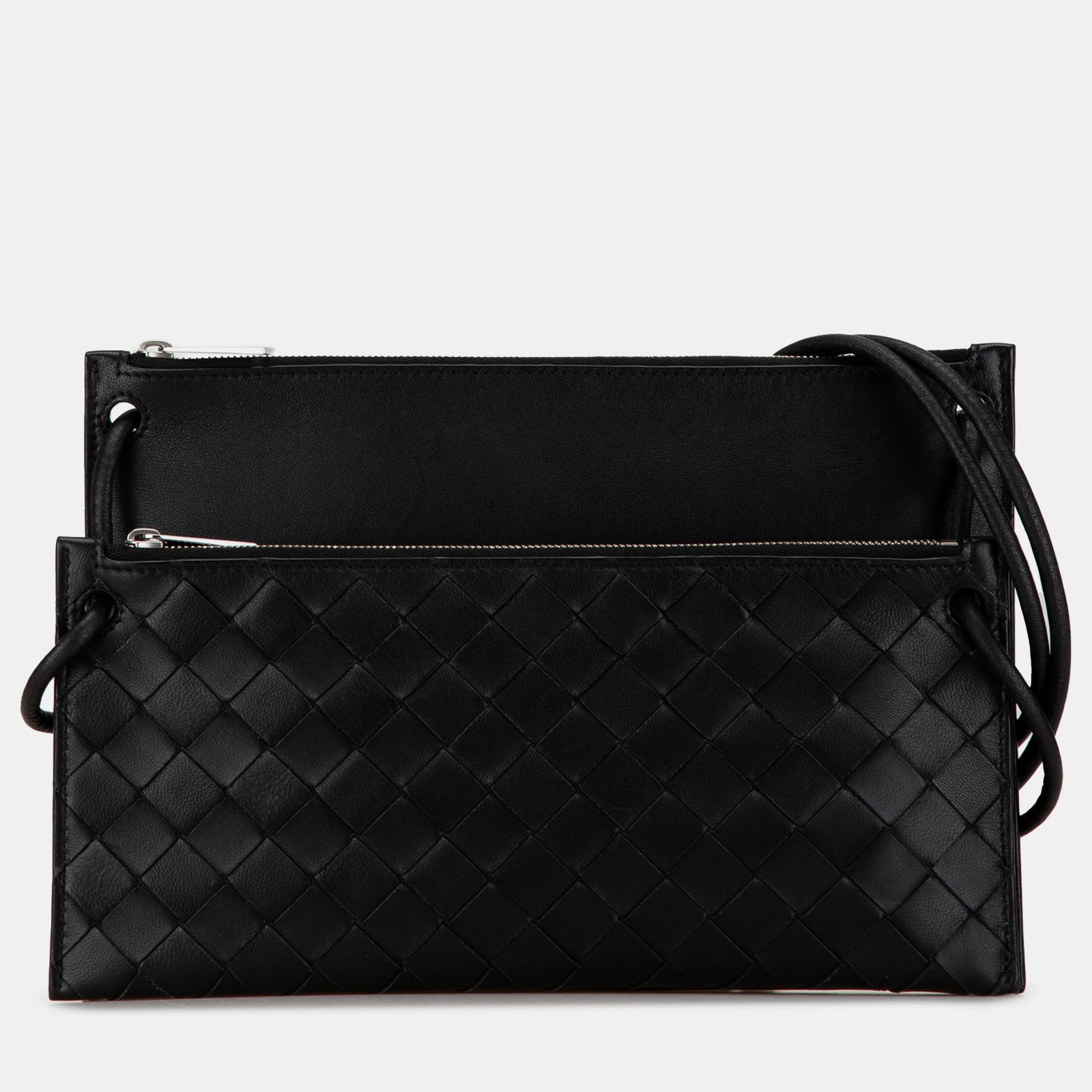 Bottega Veneta Black Leather Intrecciato Double Pouch Bag