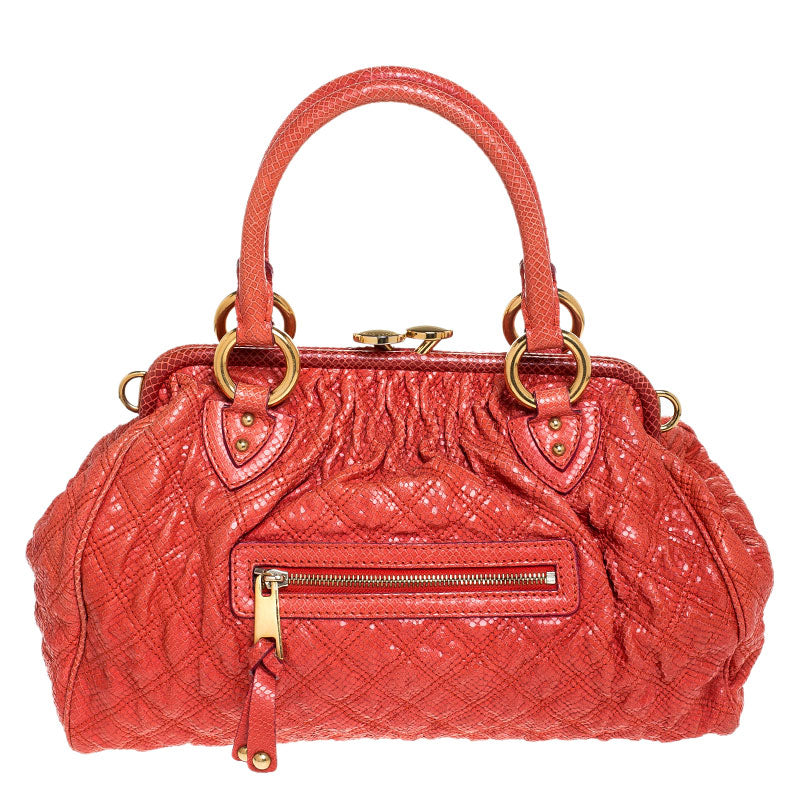 Marc Jacobs Orange Snake Skin Embossed Leather Stam Satchel