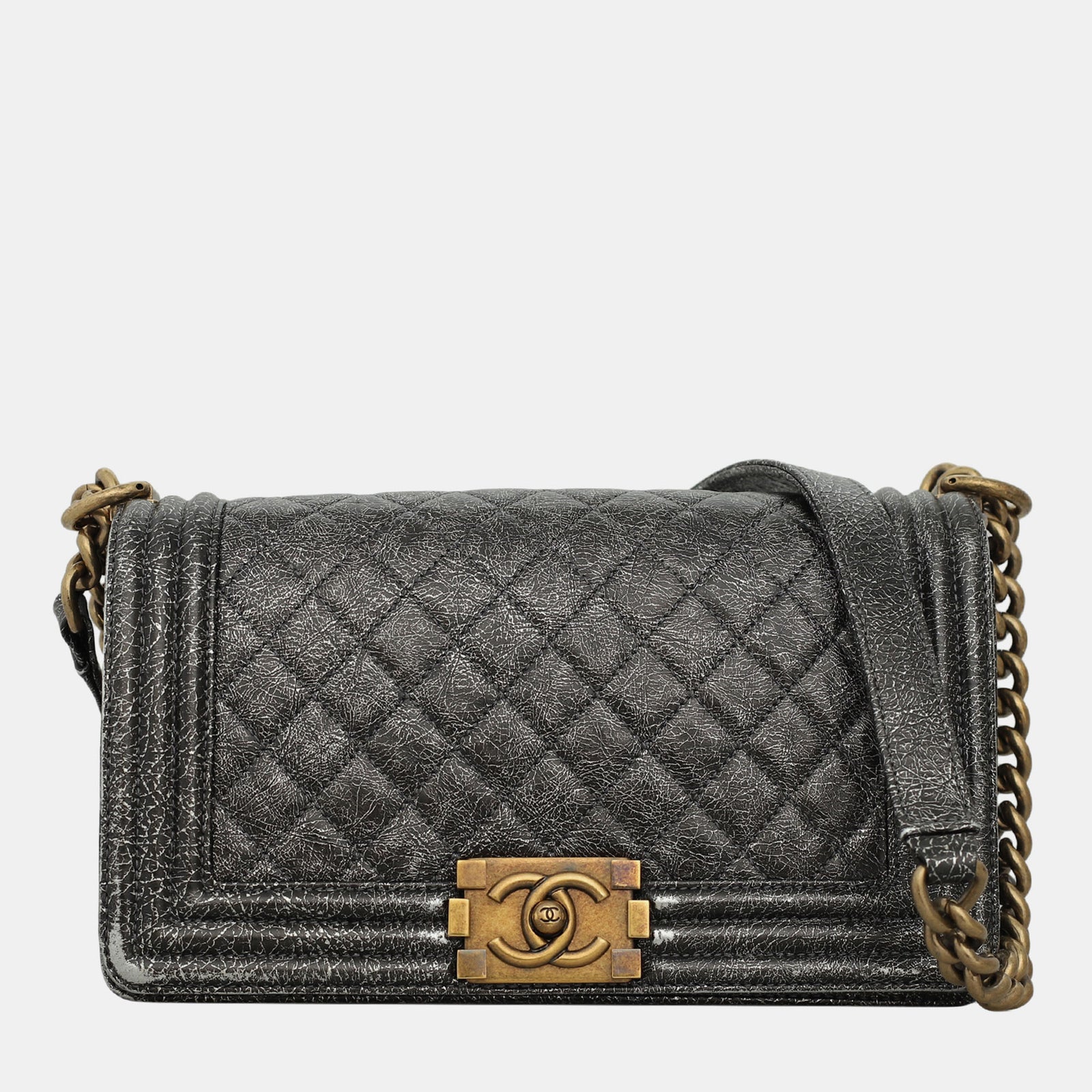 Chanel Sac à dos pour garçon de taille moyenne en cuir gris métallisé