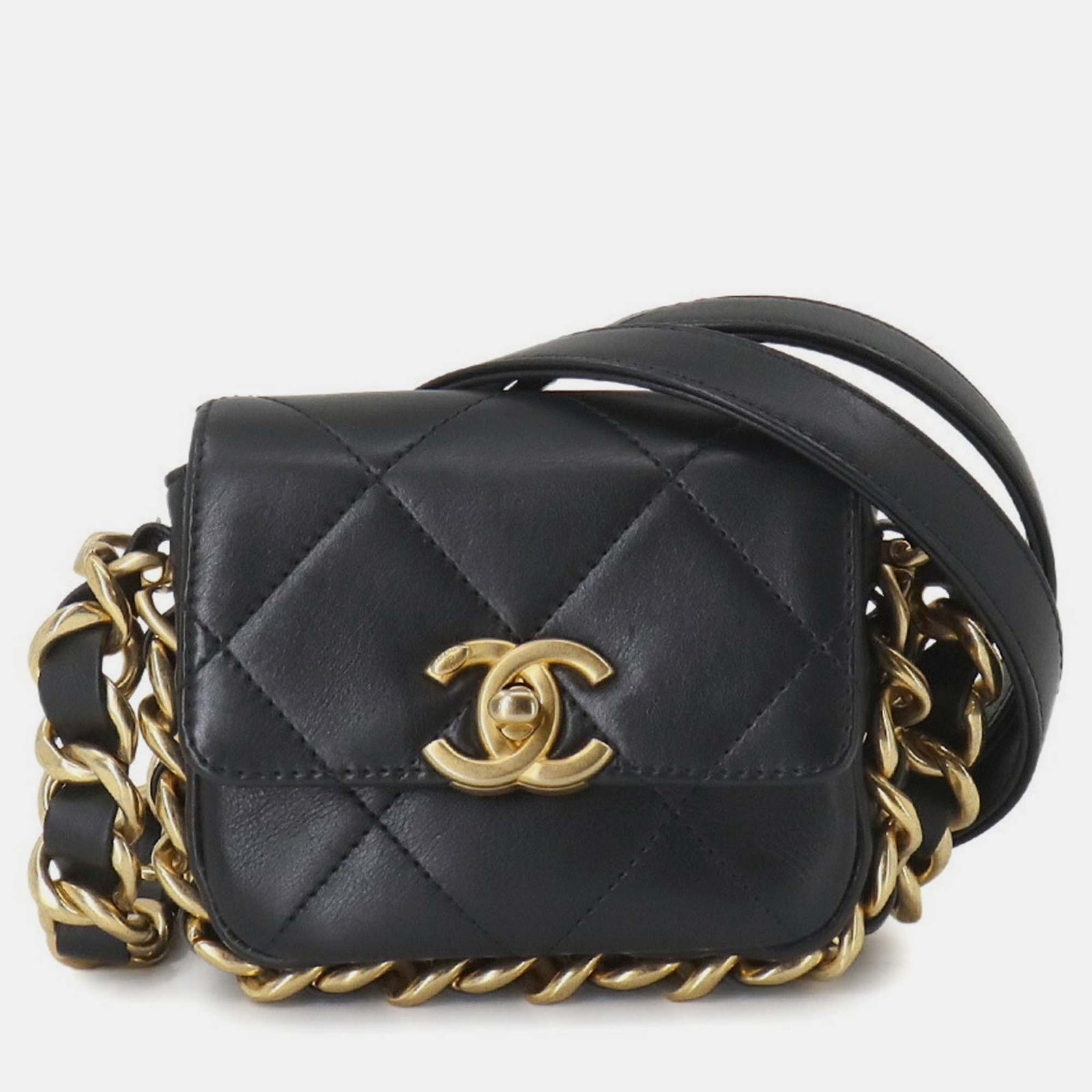 Chanel Schwarze Matelassé-Mini-Umhängetasche aus Leder mit Kette