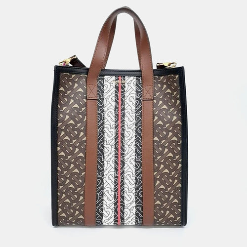 Black/Brown TB Monogram Coated Canvas, Leather Stripe Portrait Tote