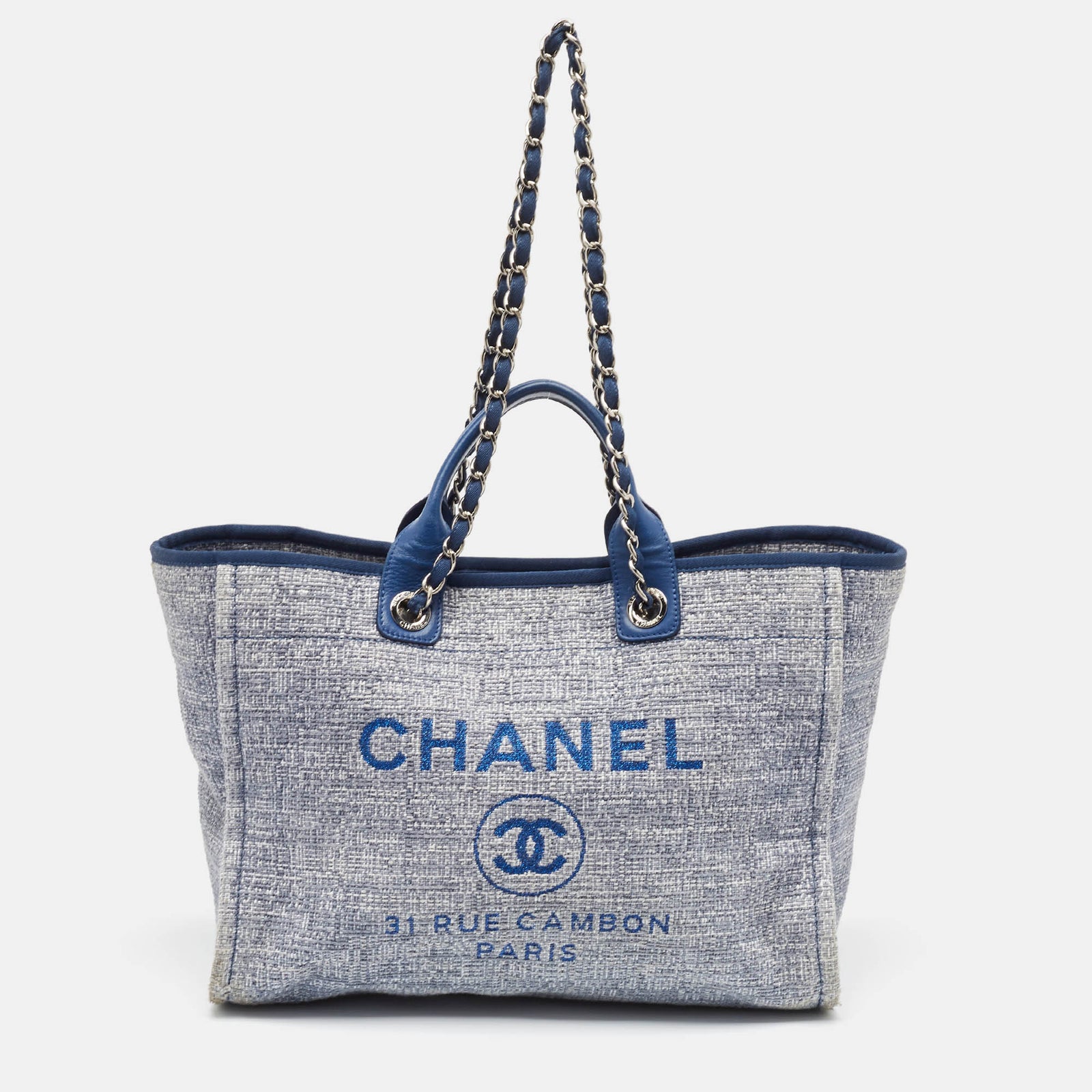 Chanel Große Deauville Einkaufstasche aus blauem Tweed