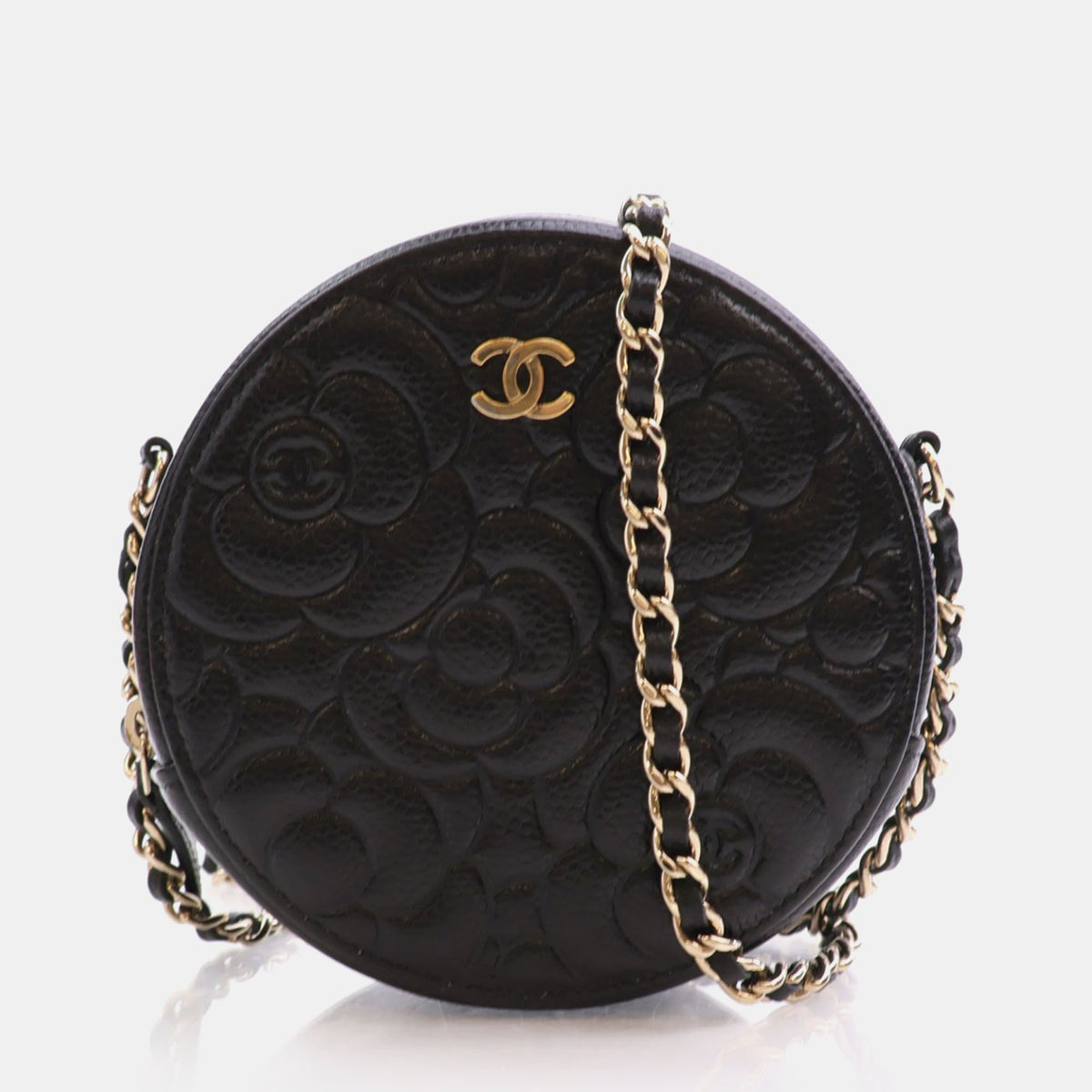Chanel Black Caviar Camellia Embossed Round Clutch With Chain