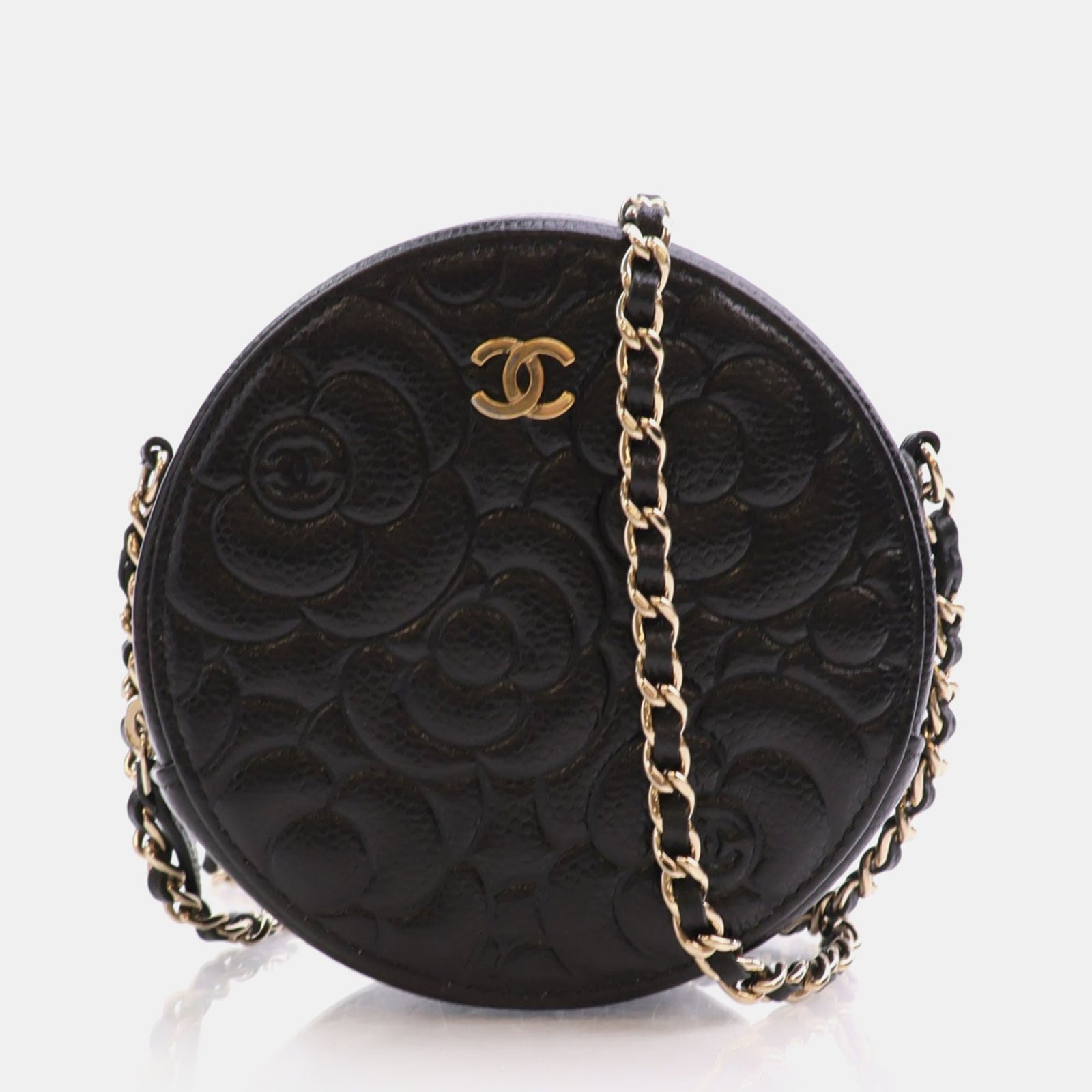 Chanel Pochette ronde en relief avec motif camélia caviar noir et chaîne