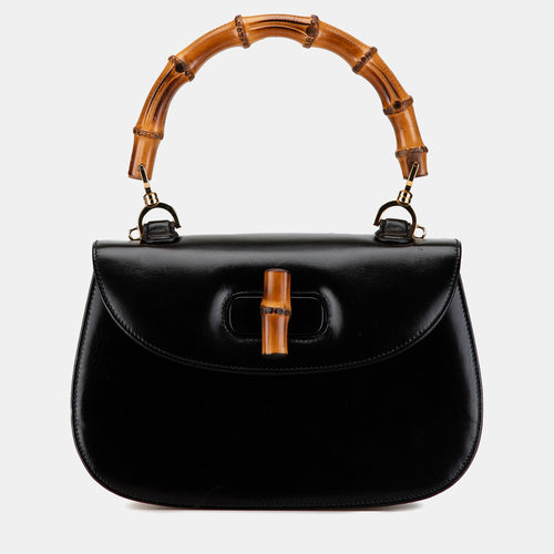 Black Calfskin Leather Bamboo Night Top Handle Bag