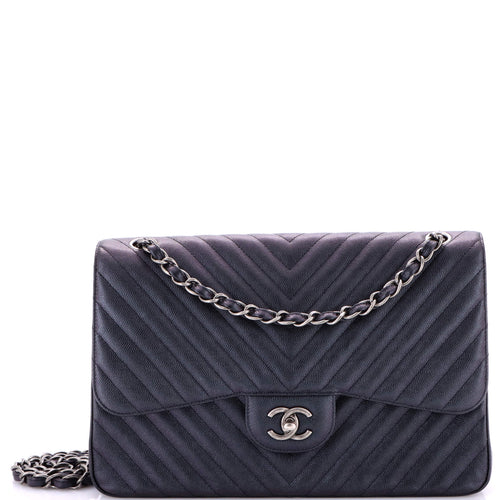 CHANEL Classic Double Flap Bag Chevron Iridescent Caviar Jumbo
