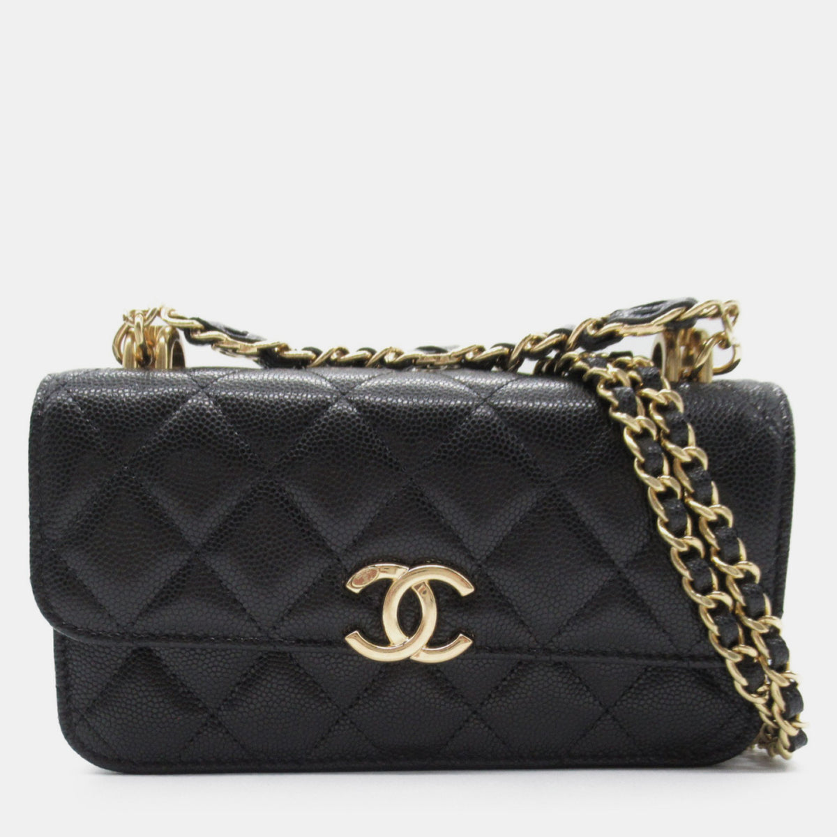 Chanel Black Caviar Quilted Chain Link Clutch With Chain