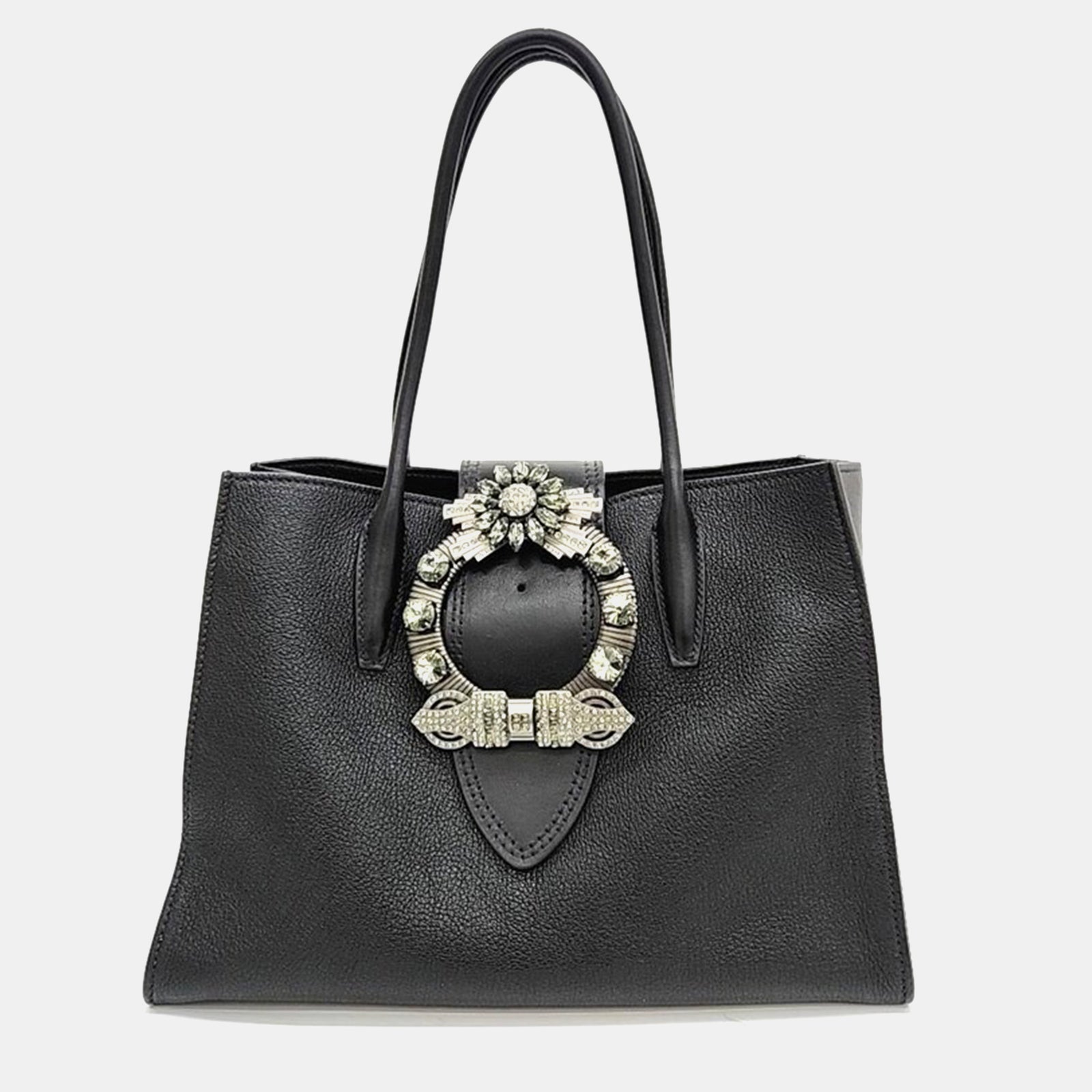 Miu Miu Black Leather Crystal Embellished Buckle Flap Tote Bag