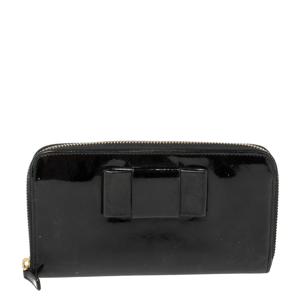 Miu Miu Black Patent Leather Bow Zip Around Wallet