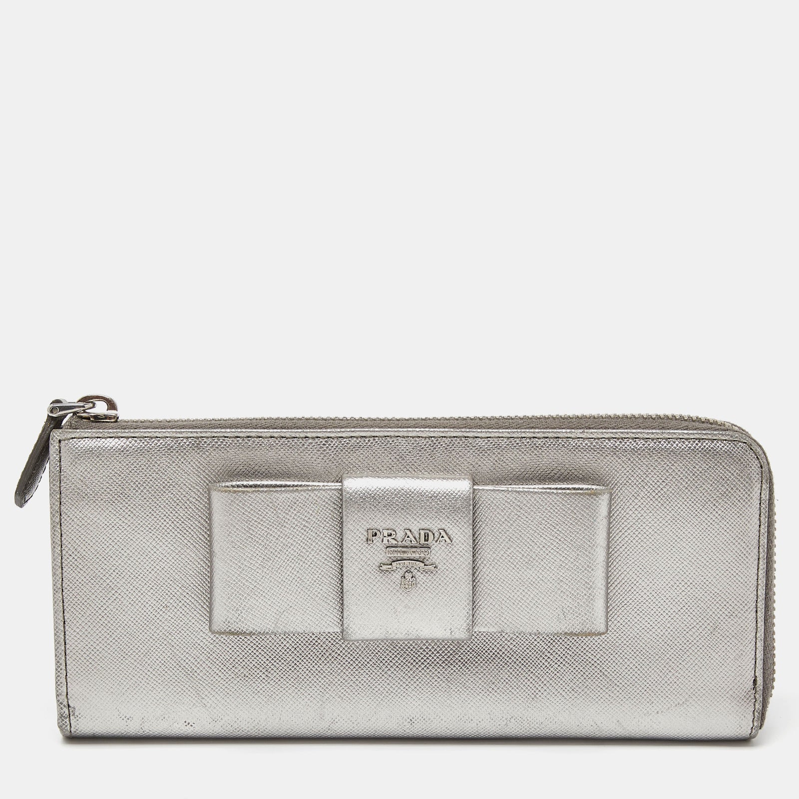 Prada Silver Saffiano Lux Leather Zip Around Wallet