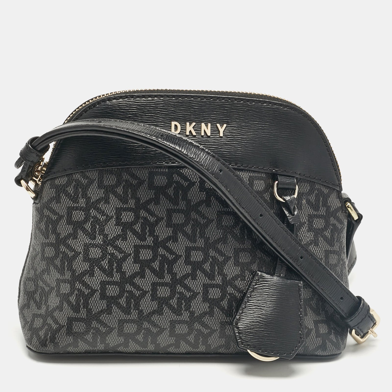 DKNY Black Monogram Coated Canvas and Leather Dome Crossbody Bag