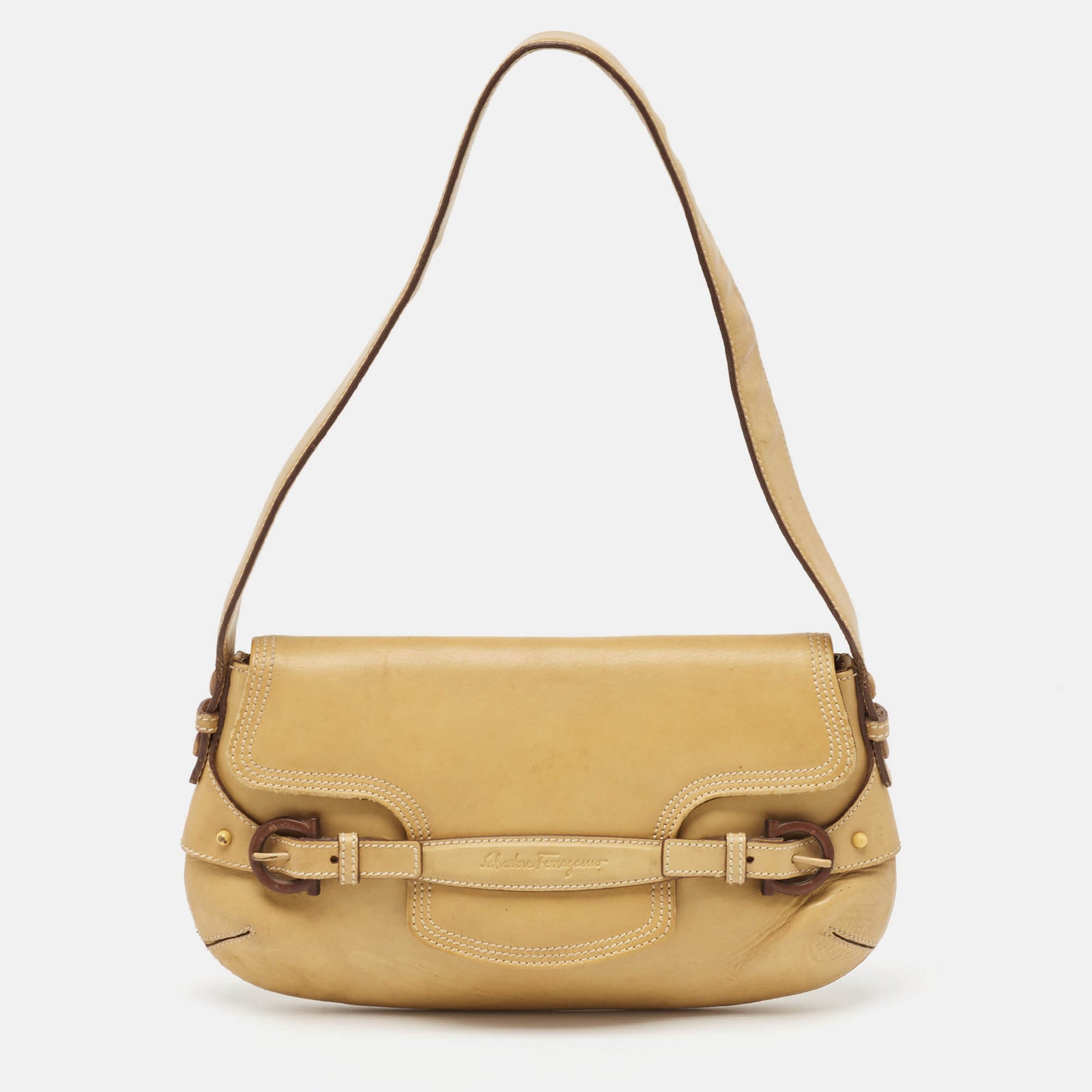 Salvatore Ferragamo Tan Leather Gancini Buckle Flap Hobo