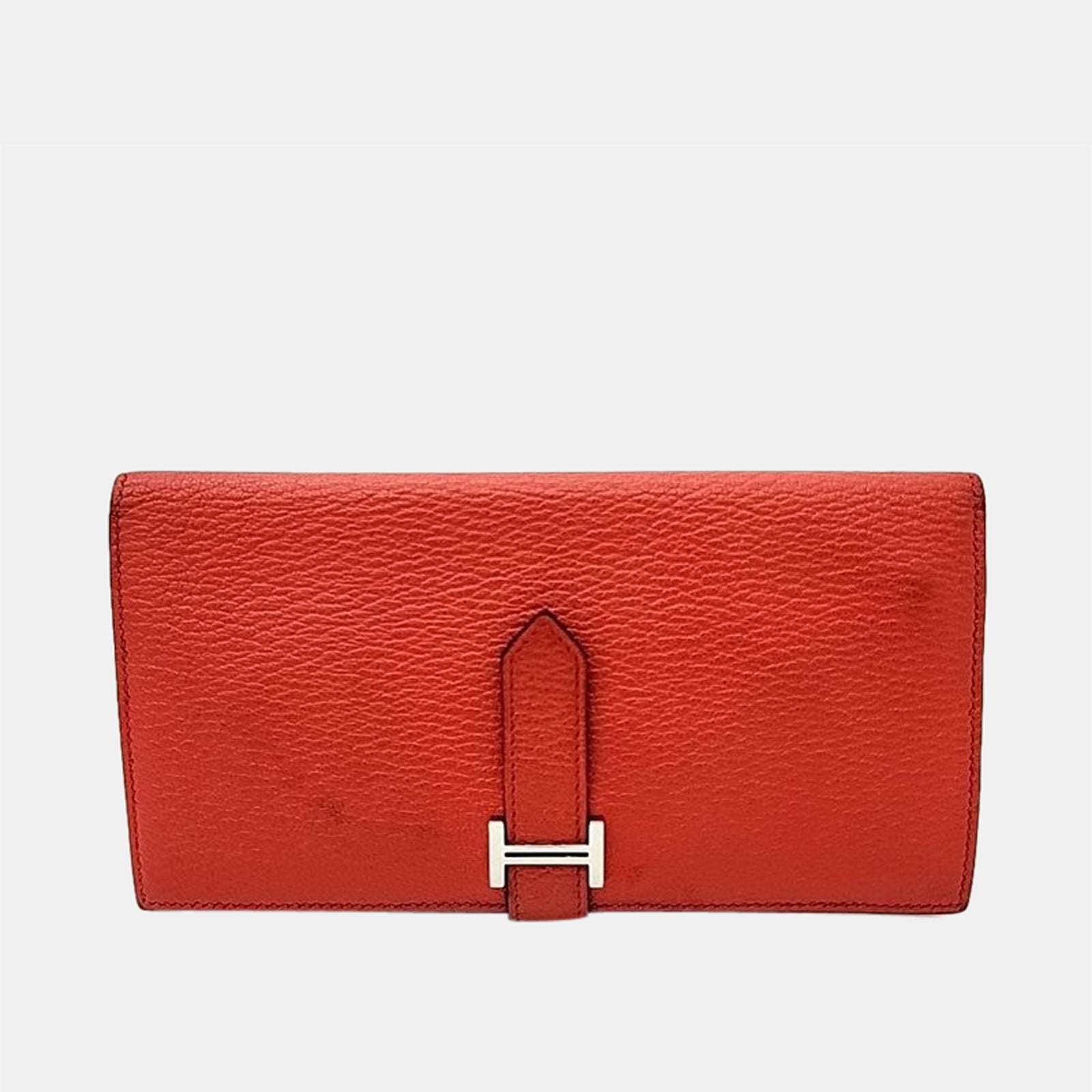 Herm?s Red/Orange Leather Bearn Wallet