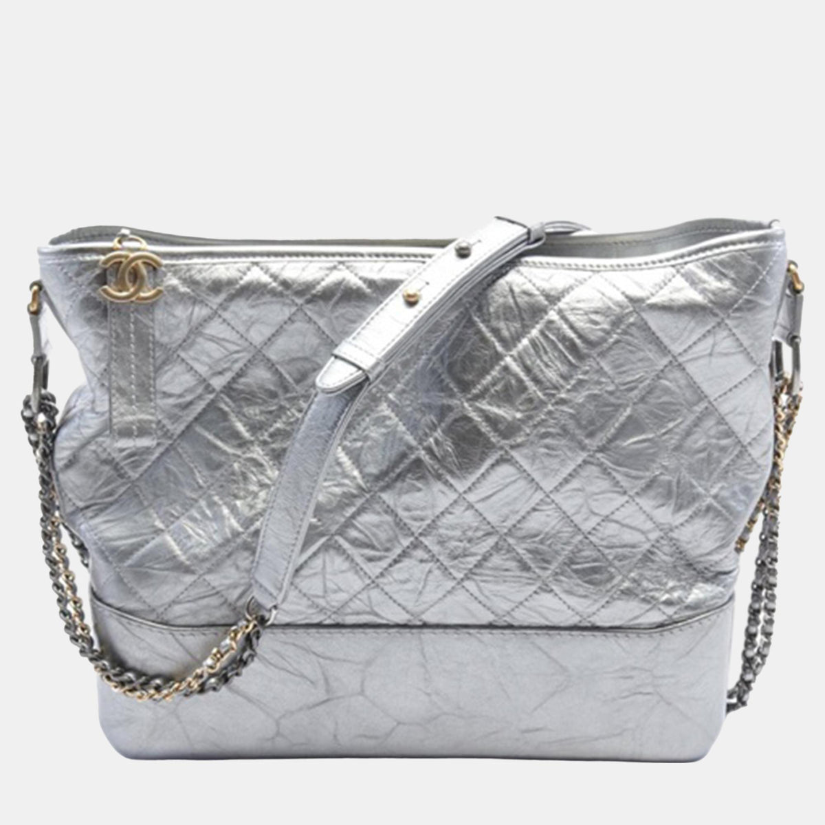 Chanel Silver Calfskin Leather Large Metallic Aged Gabrielle Crossbody Bag