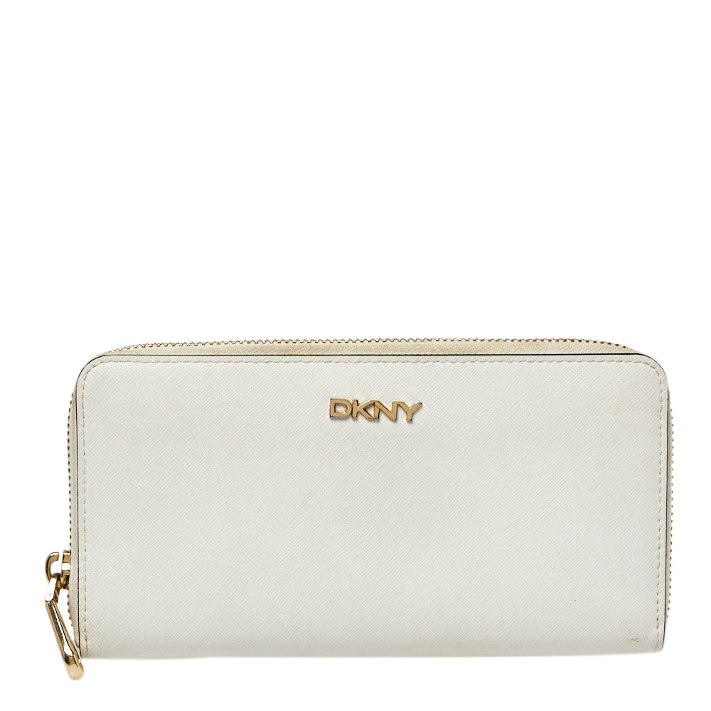 DKNY White Saffiano Leather Zip Around Continental Wallet