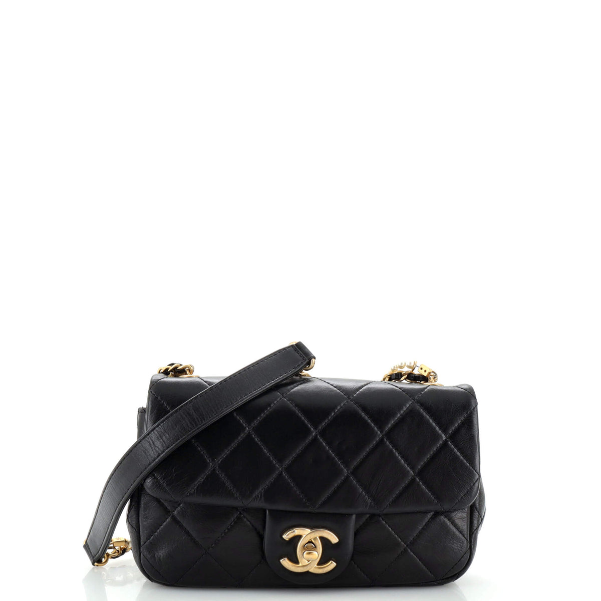 Chanel CHANEL Crystal Pearls Chain Flap Bag Quilted Calfskin Small