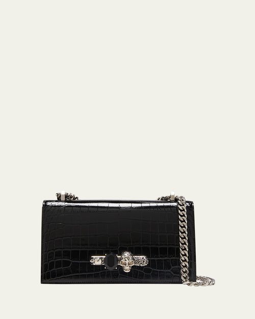 Shiny Croc-Embossed Jeweled Shoulder Bag