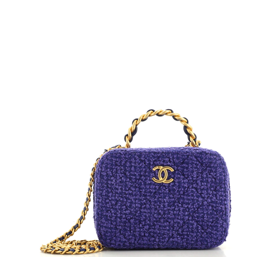 CHANEL Woven Chain Top Handle Vanity Case Quilted Tweed Small