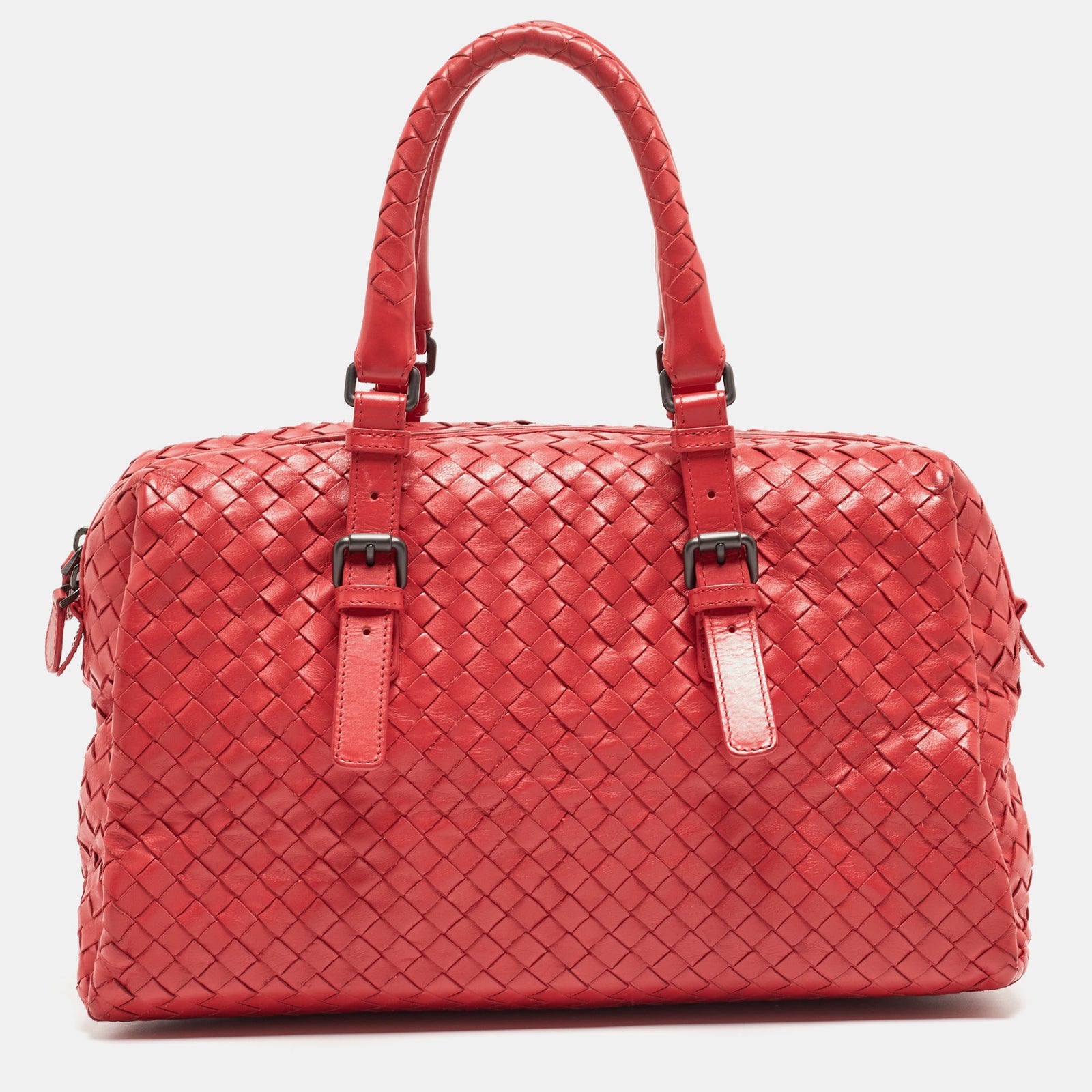 Bottega Veneta Red Intrecciato Leather New Boston Bag