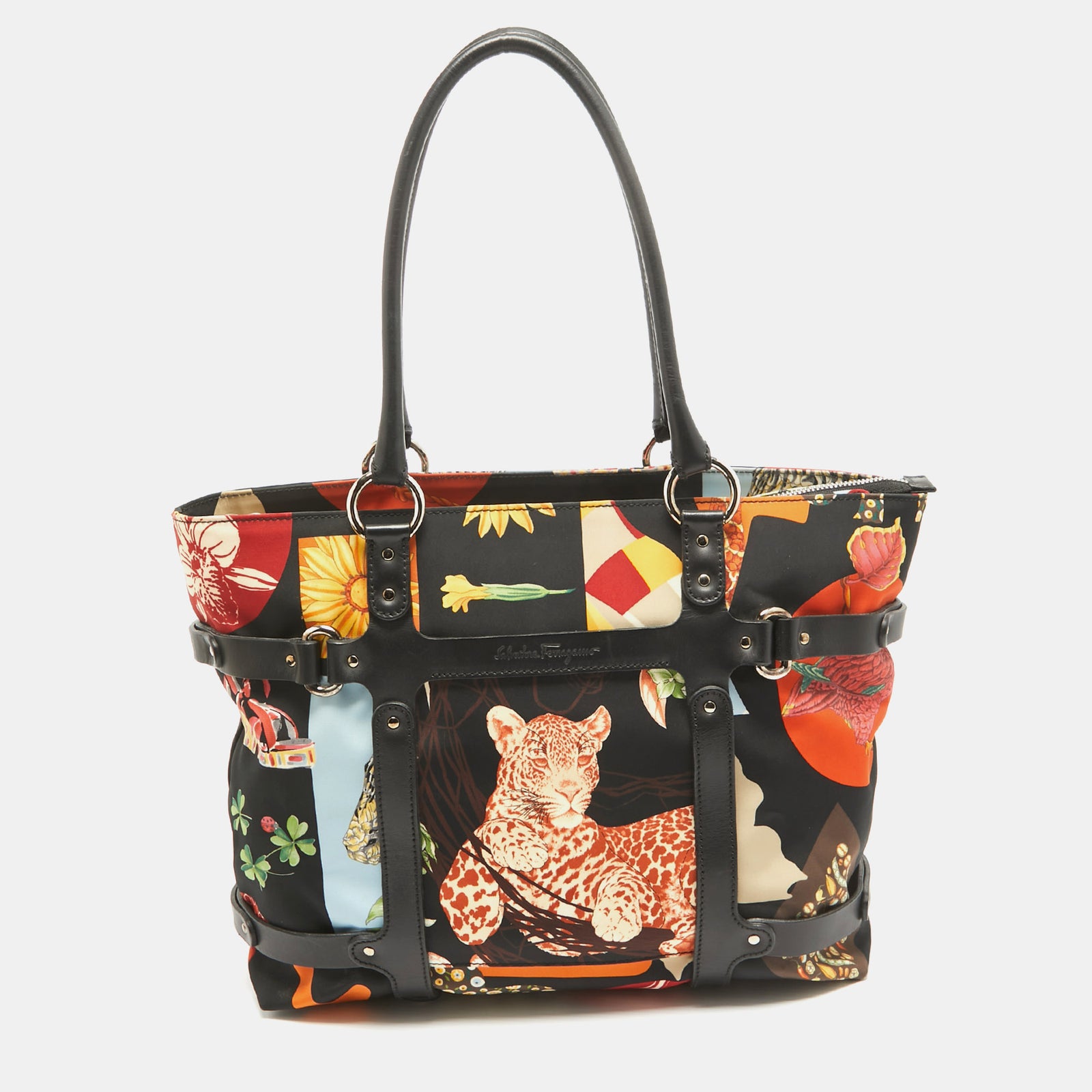 Salvatore Ferragamo Multicolor Fiera Print Nylon and Leather Tote