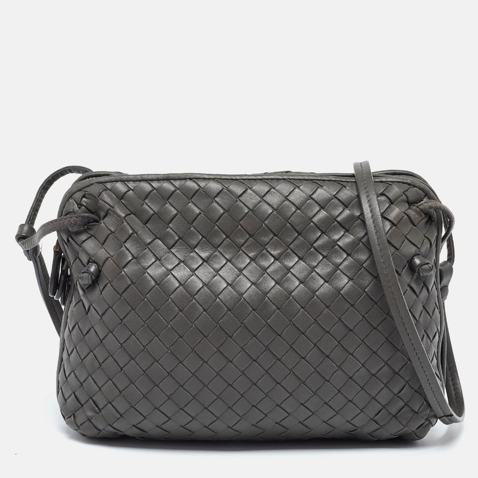 Bottega Veneta Grey Intrecciato Leather Nodini Double Zip Crossbody Bag