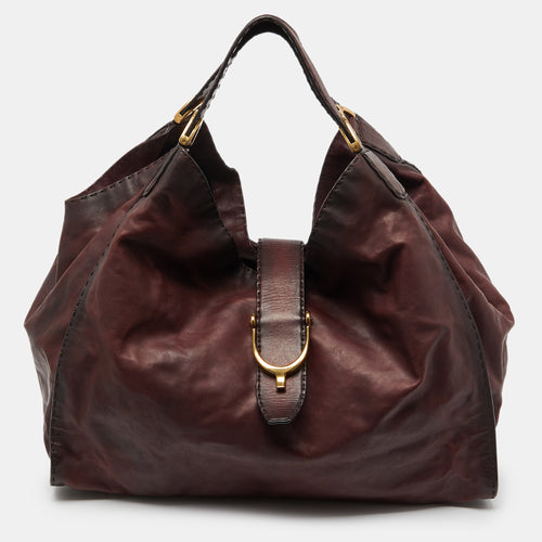Two Tone Burgundy Leather Stirrup Shoulder Bag