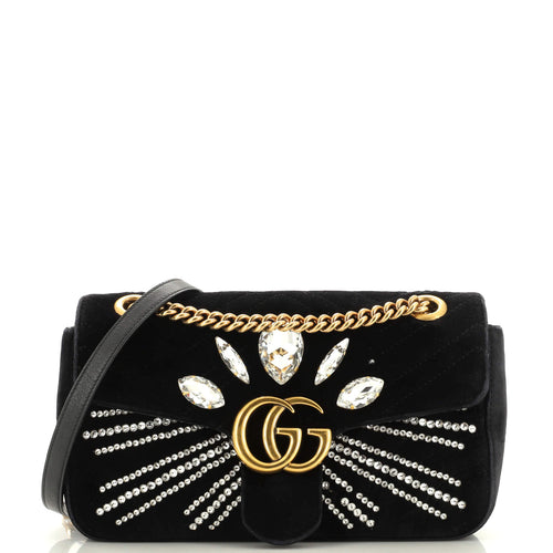 GUCCI GG Marmont Flap Bag Crystal Embellished Matelasse Velvet Medium