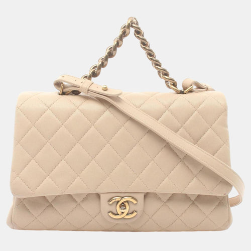 Beige Leather Matelasse Handbag Bag