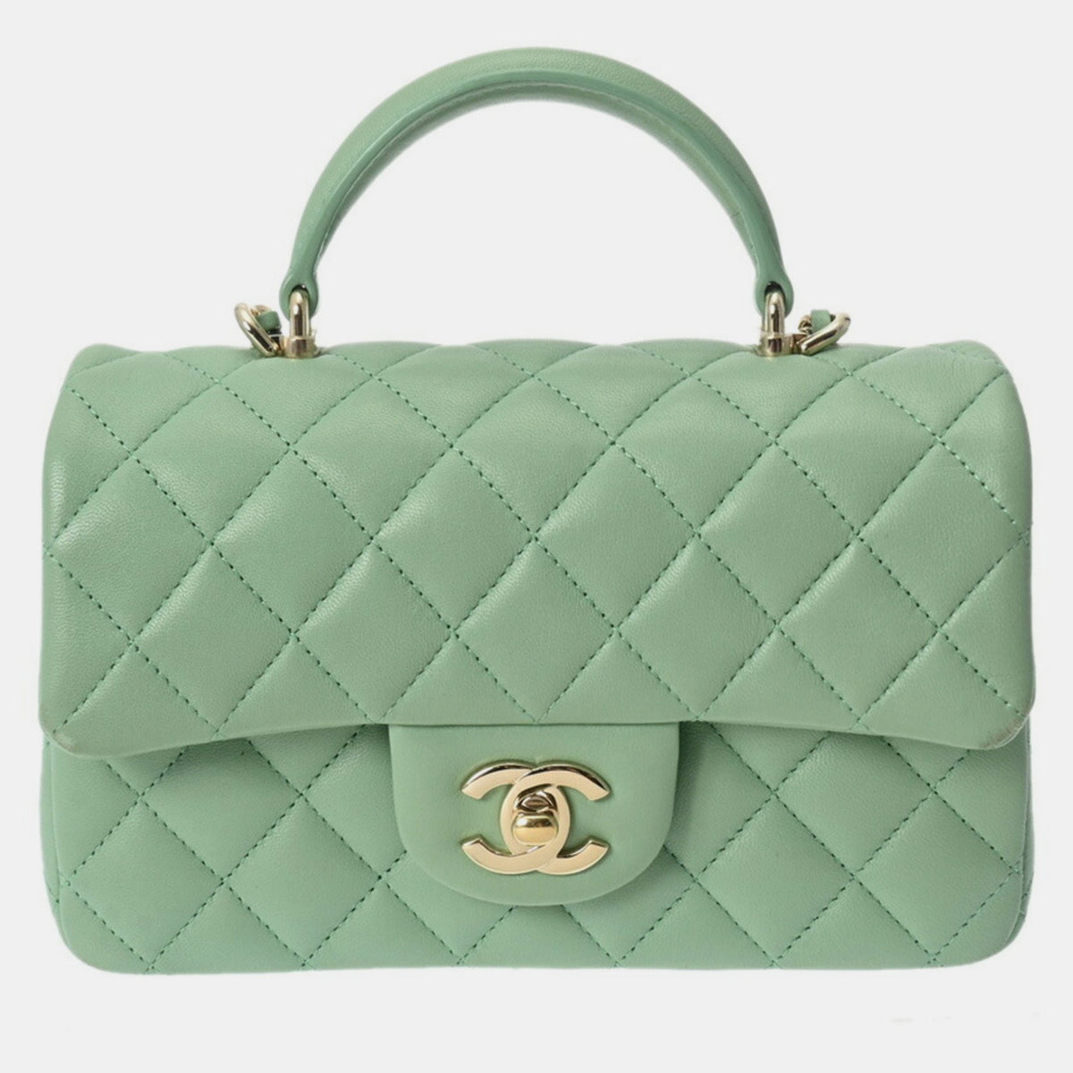 Chanel Green CC Quilted Lambskin Top Handle Flap Bag