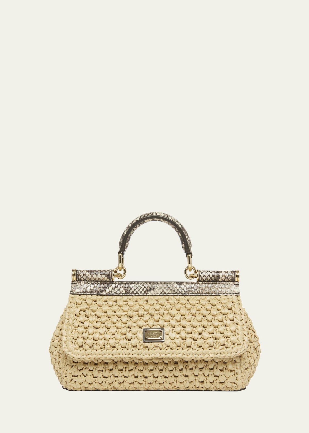 Dolce & Gabbana Sicily Small Python & Raffia Top-Handle Bag