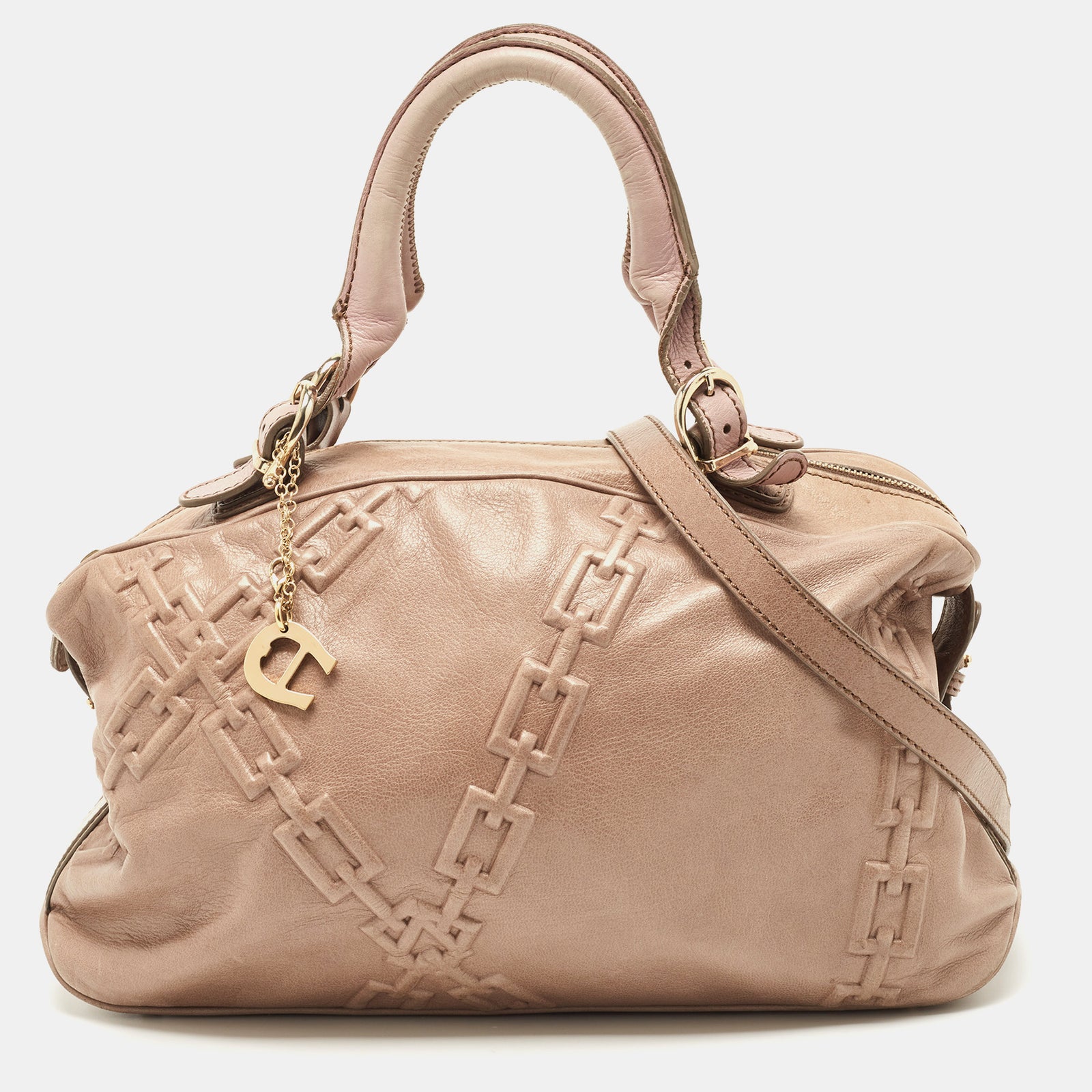 Aigner Mauve Embossed Leather Logo Charm Satchel