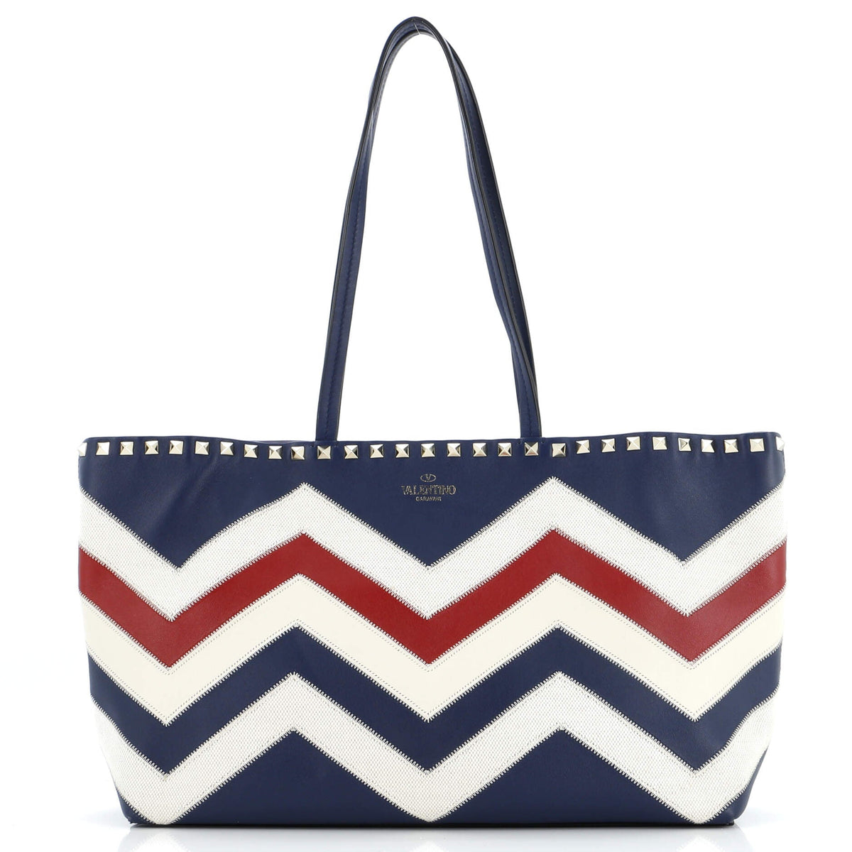 Valentino Garavani VALENTINO GARAVANI Rockstud Shopper Tote Chevron Leather and Canvas Medium