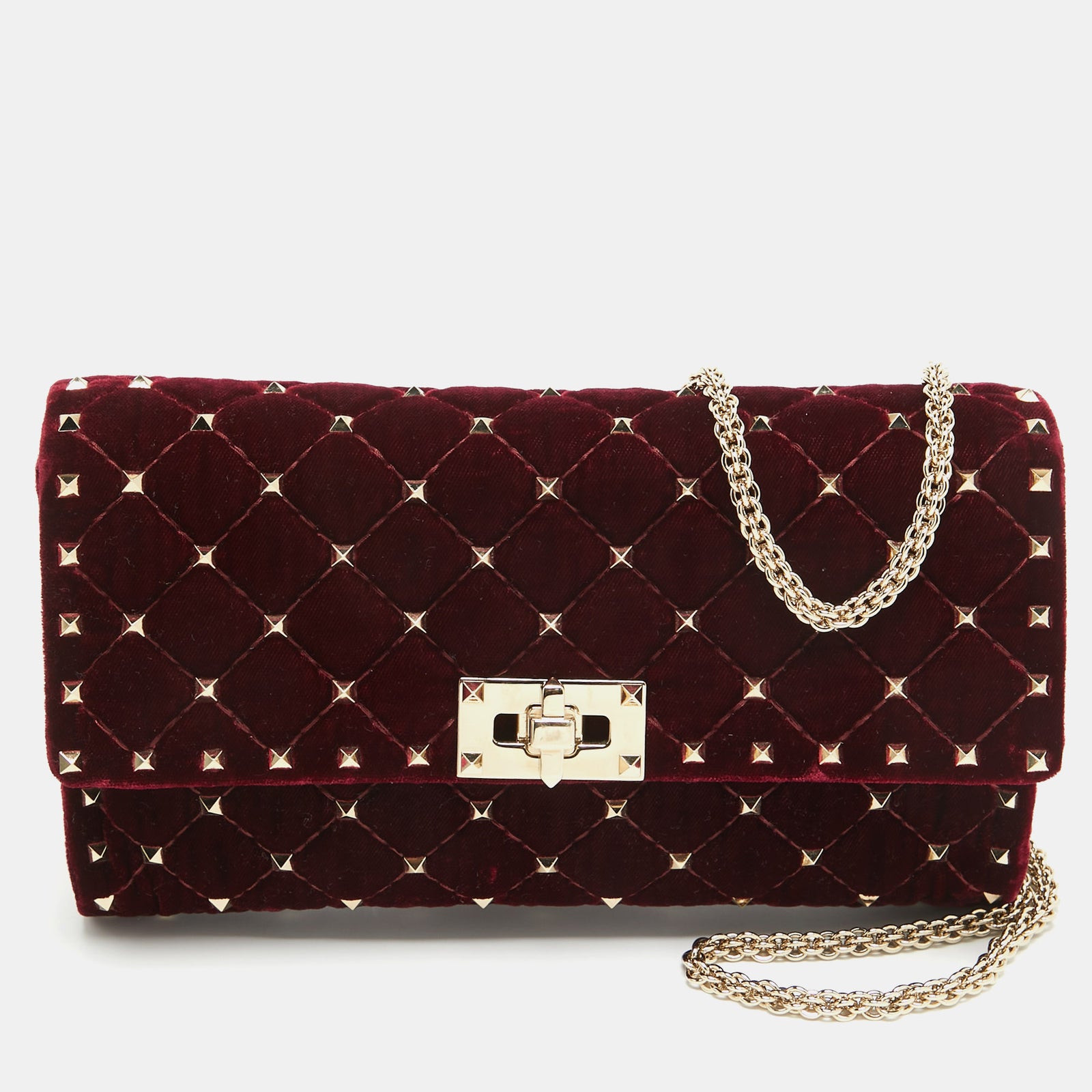 Valentino Burgundy Quilted Velvet Rockstud Spike Chain Clutch