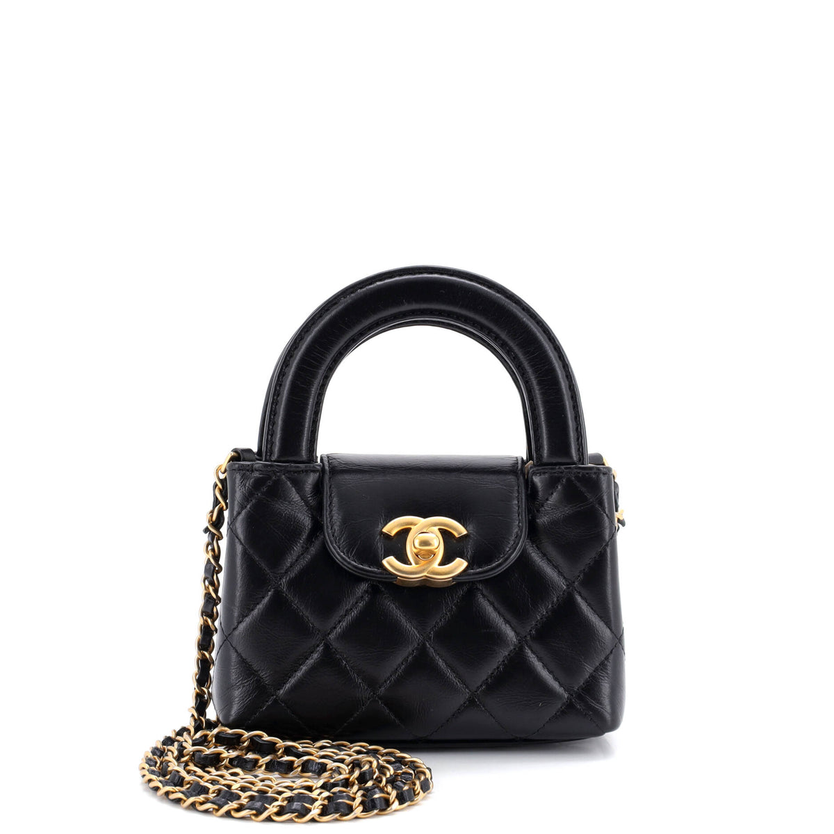 Chanel CHANEL Kelly Top Handle Shopping Bag Quilted Shiny Aged Calfskin Nano