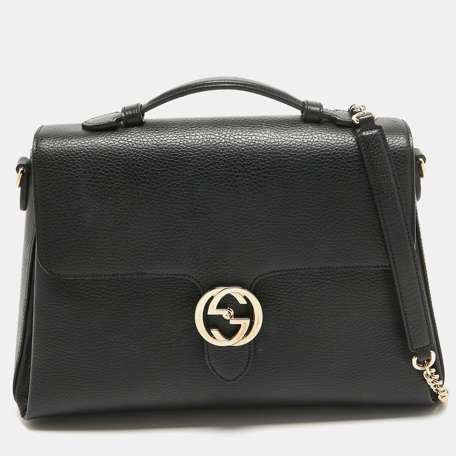 Gucci Black Leather Doller Interlocking G Top Handle Bag