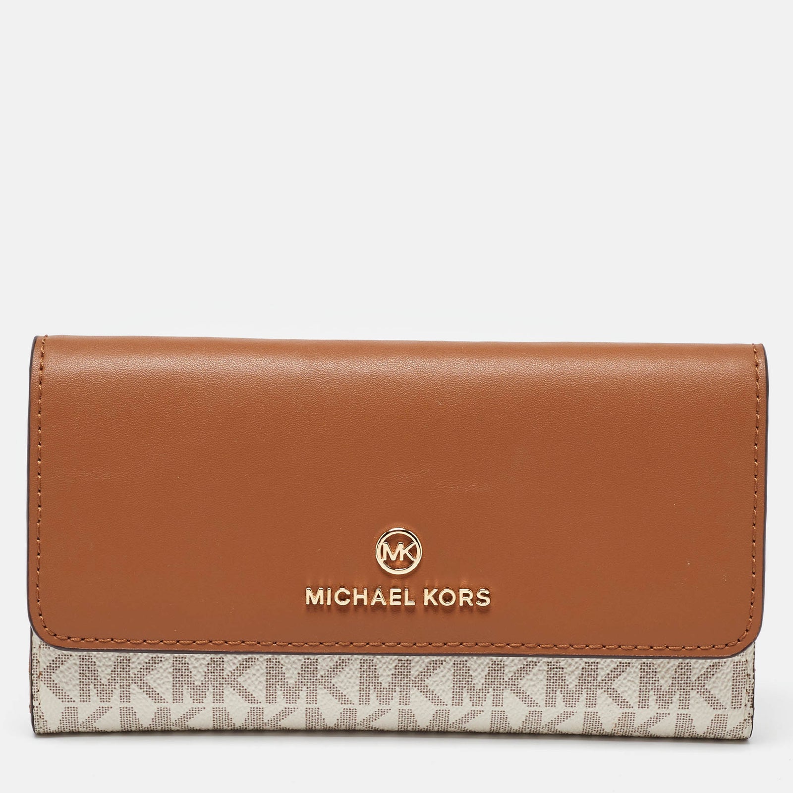 Michael Kors White/Tan Coated Canvas and Leather Fulton Continental Wallet