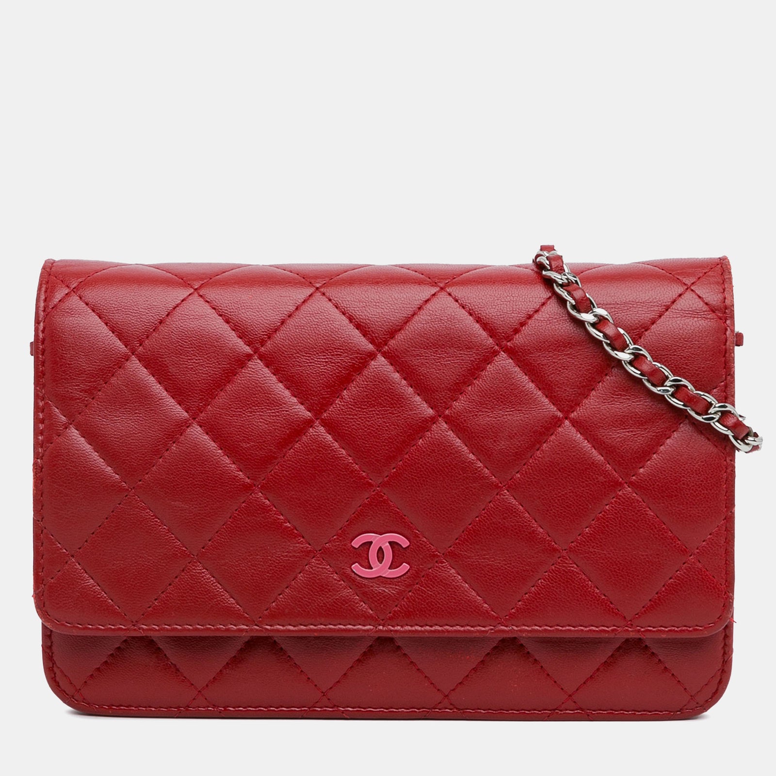 Chanel Portefeuille classique en cuir d'agneau rouge avec chaîne