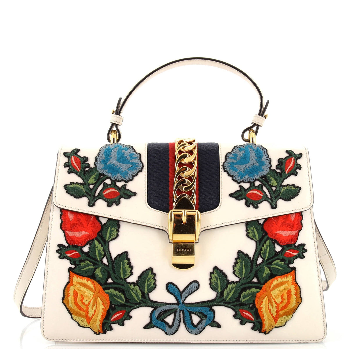 Gucci GUCCI Sylvie Top Handle Bag Embroidered Leather Medium