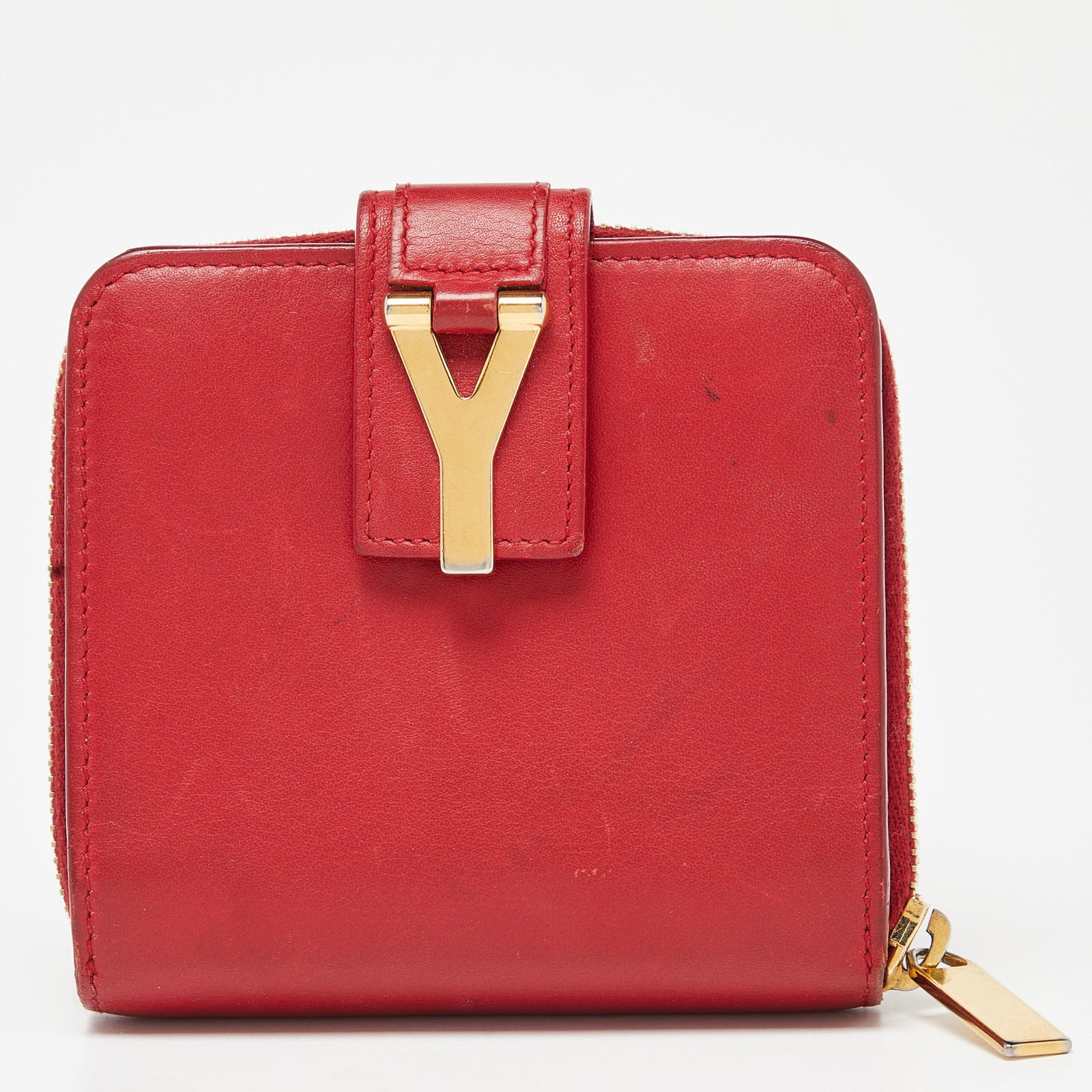 Saint Laurent Paris Saint Laurent Red Leather Y line Zip Compact Wallet