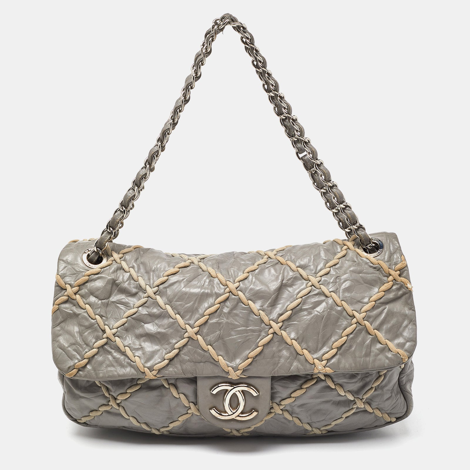 Chanel Grey Quilted Crinkled Leather Ultra Stitch Classic Flap Bag