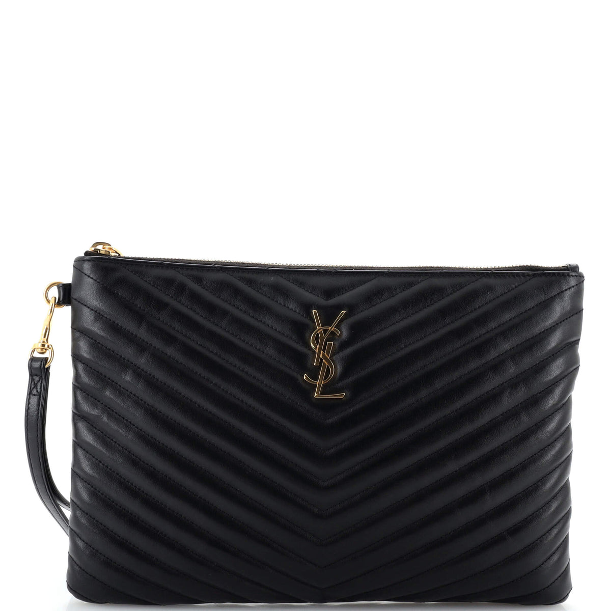 Saint Laurent Classic Monogram Wristlet Pouch Matelasse Chevron Leather Medium